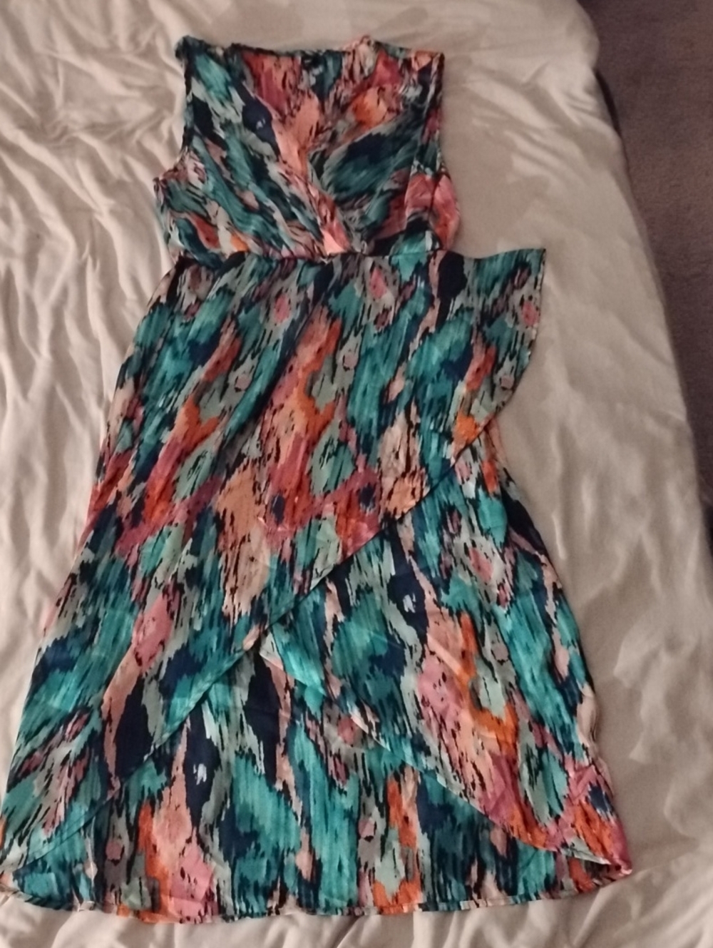 SHEIN Teal Coral Pink & Navy Printed Midi Dress